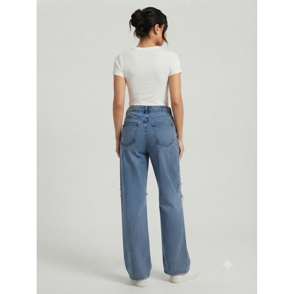 See See Paris Women's Distressed Wide Leg Jeans Size 38 Blue High Rise Denim